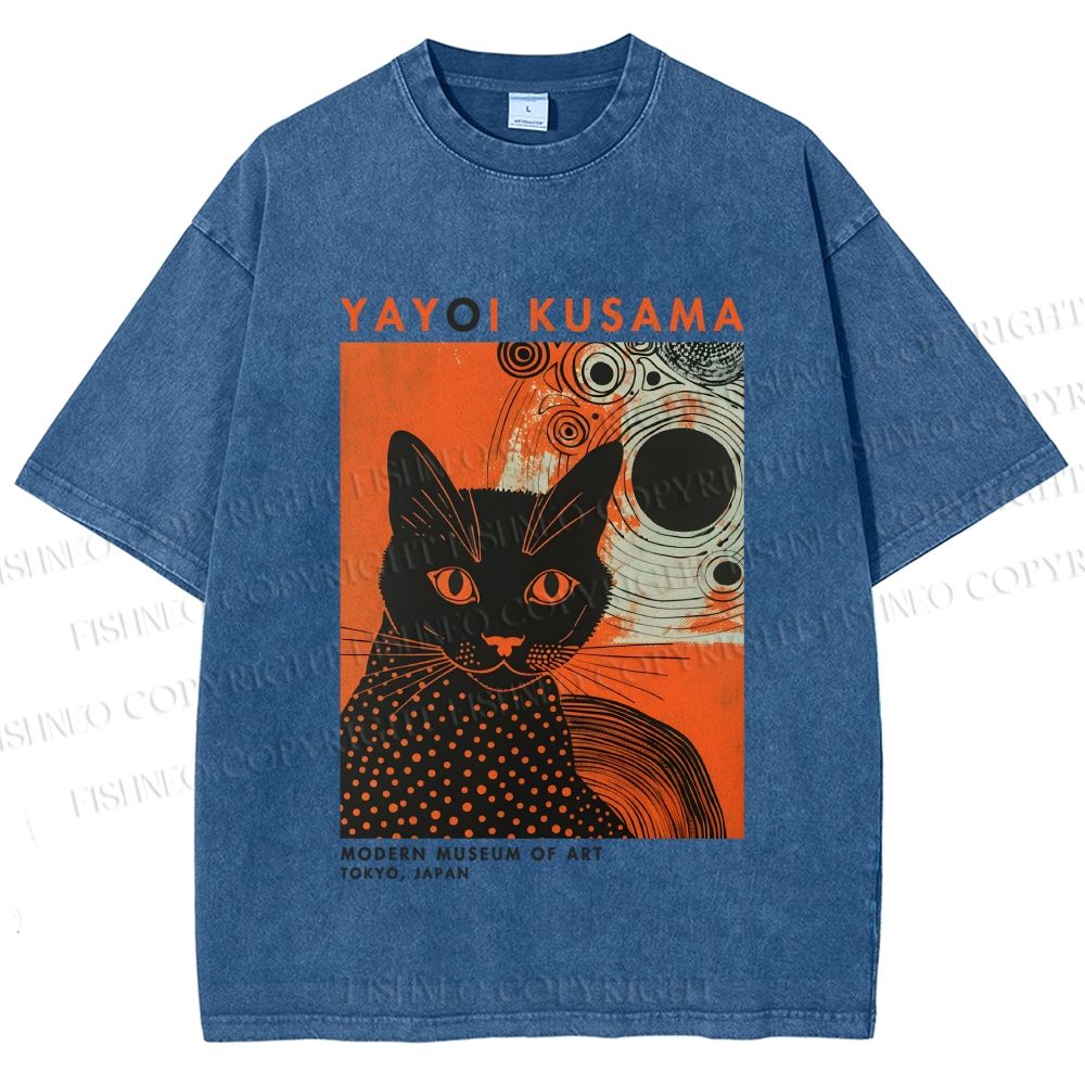 Unisex Yayoi Kusama Black Cat With Circles Printed Washed Tee