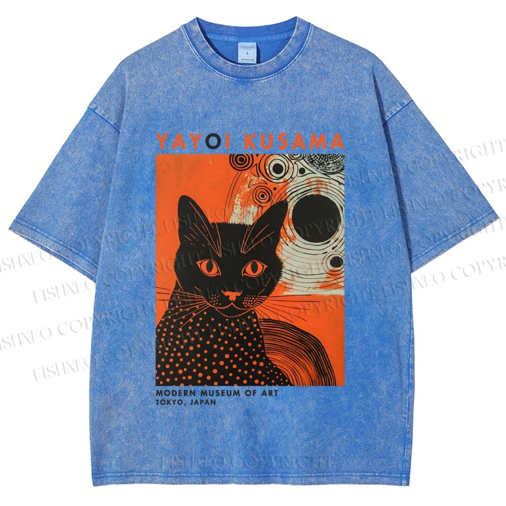 Unisex Yayoi Kusama Black Cat With Circles Printed Washed Tee