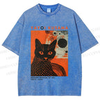 Unisex Yayoi Kusama Black Cat With Circles Printed Washed Tee
