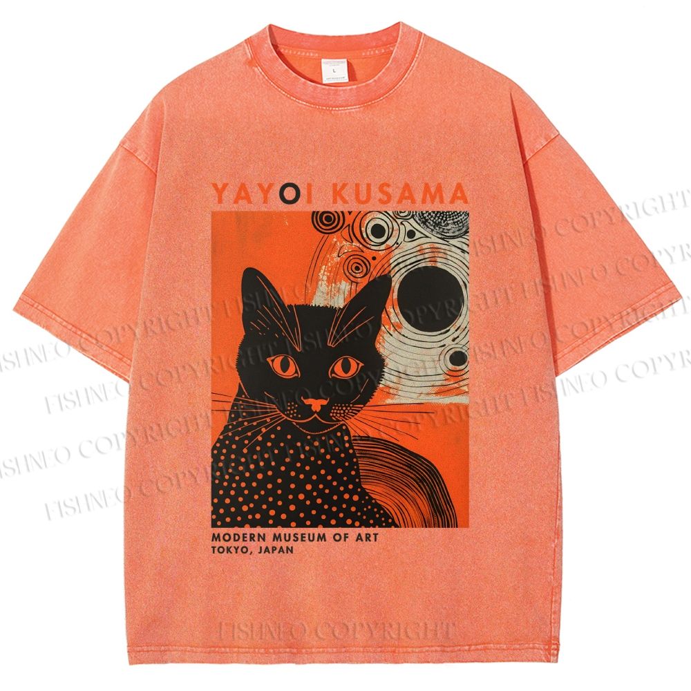 Unisex Yayoi Kusama Black Cat With Circles Printed Washed Tee