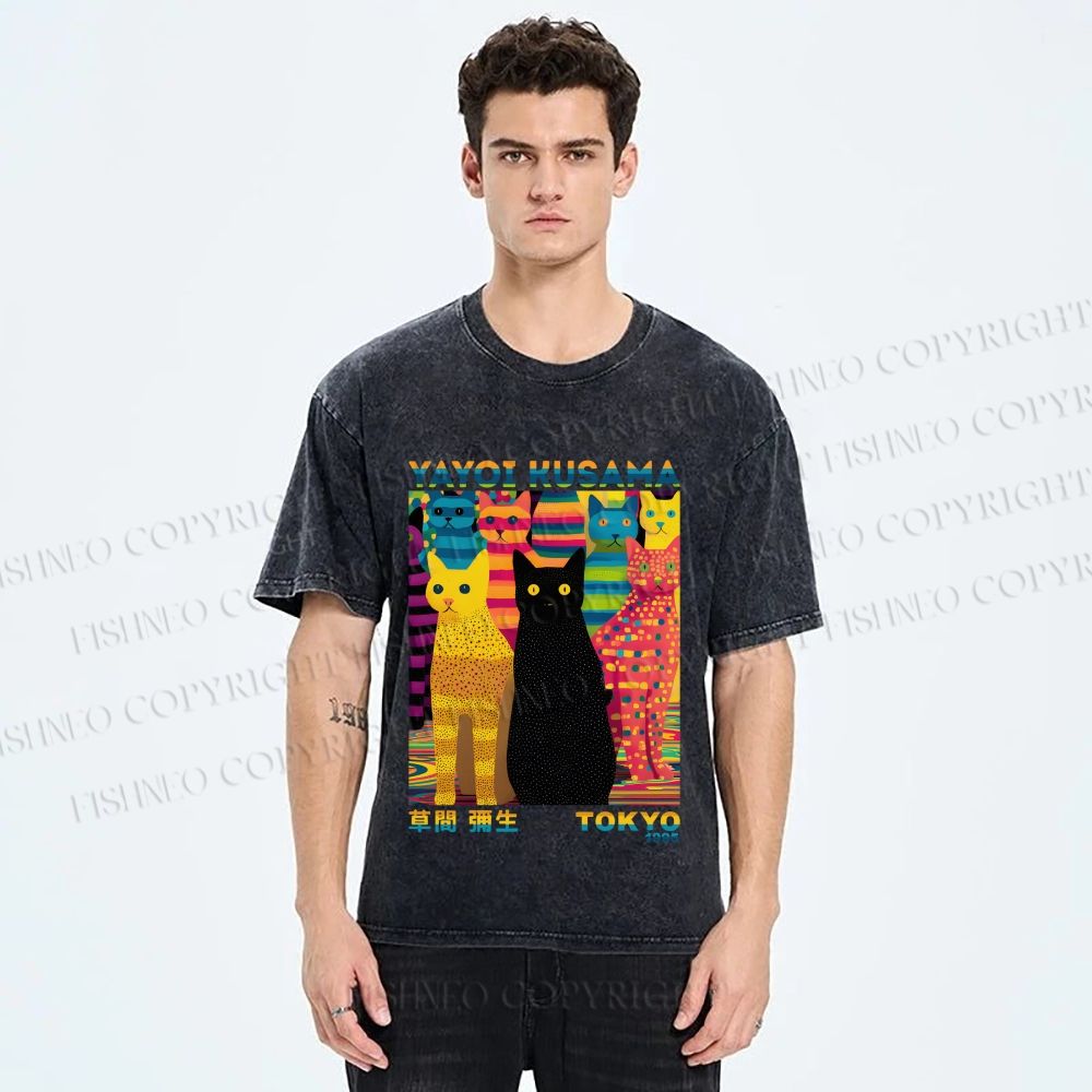 Unisex Yayoi Kusama Multicolor Cats Printed Washed Tee
