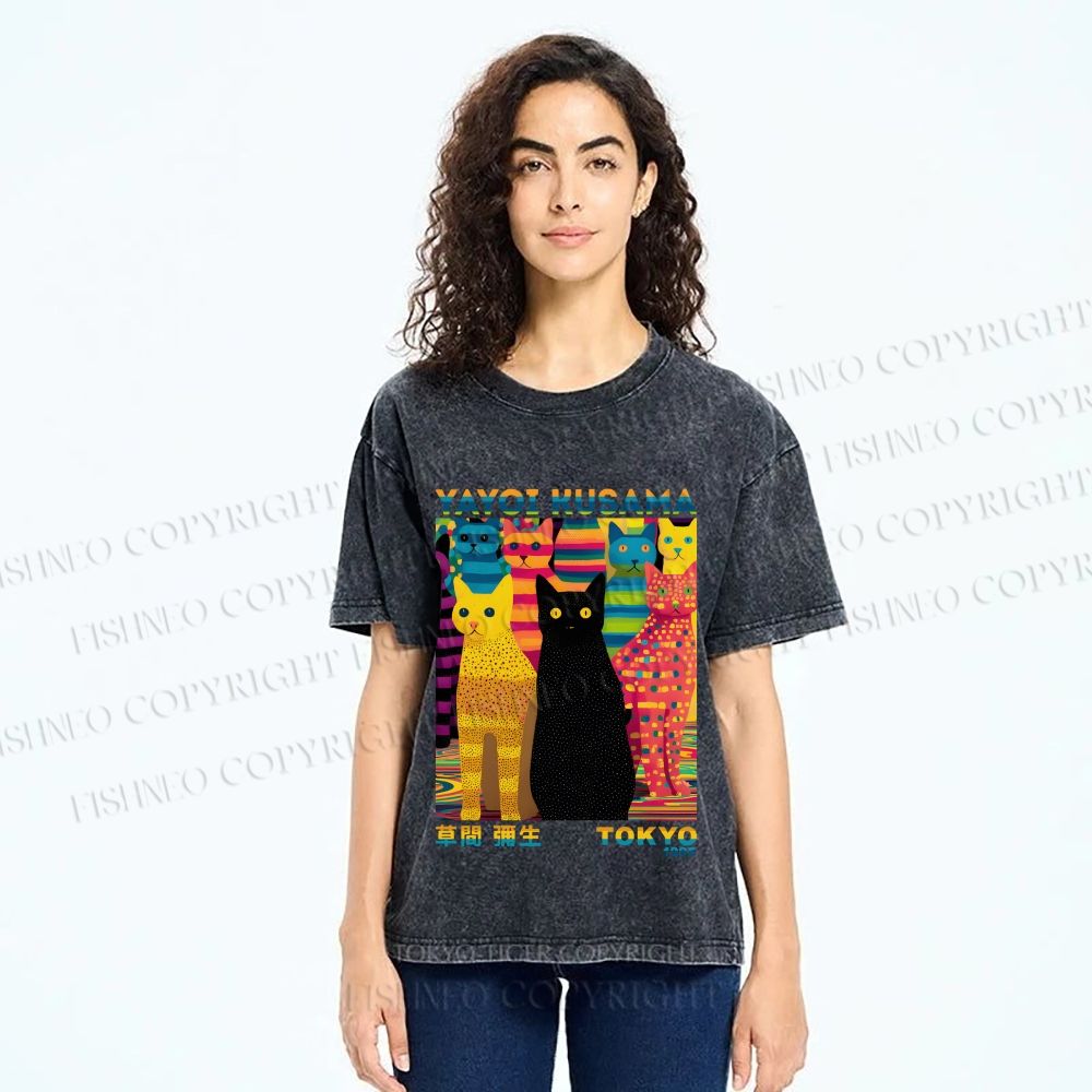 Unisex Yayoi Kusama Multicolor Cats Printed Washed Tee