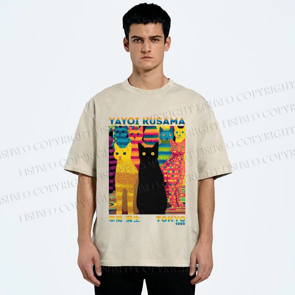 Unisex Yayoi Kusama Multicolor Cats Printed Washed Tee