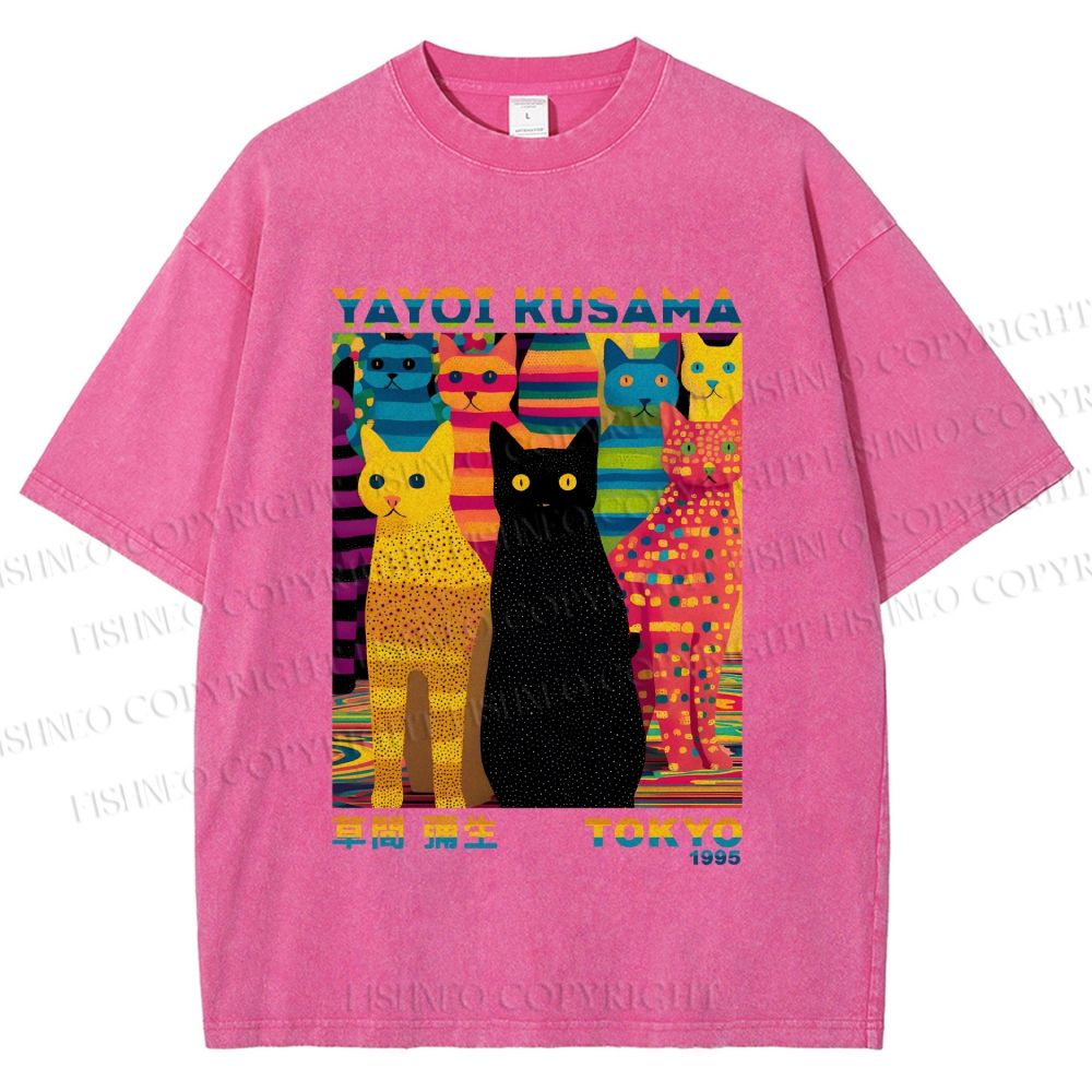 Unisex Yayoi Kusama Multicolor Cats Printed Washed Tee