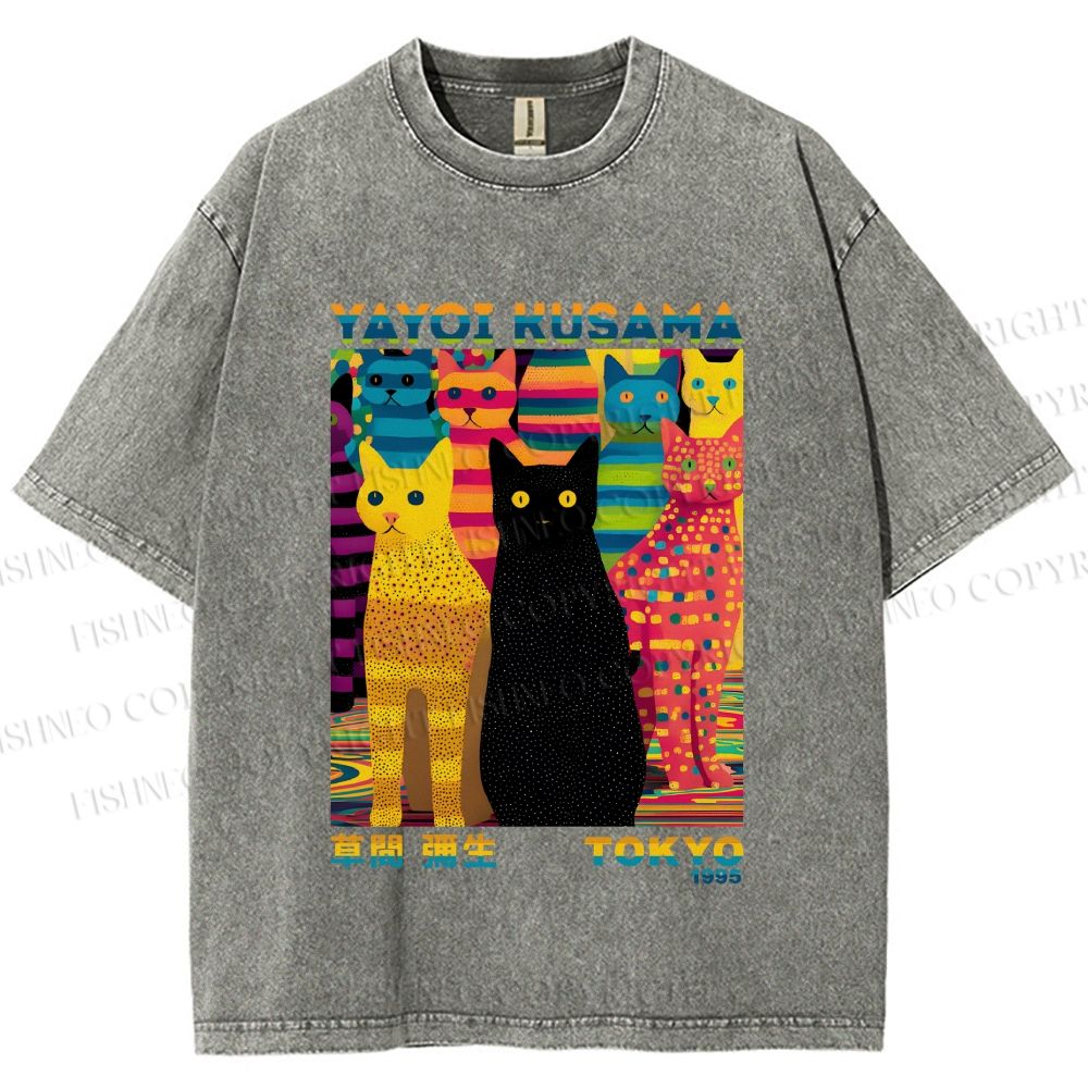 Unisex Yayoi Kusama Multicolor Cats Printed Washed Tee