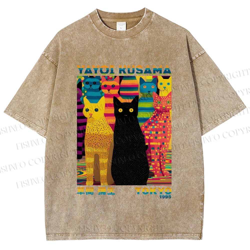 Unisex Yayoi Kusama Multicolor Cats Printed Washed Tee