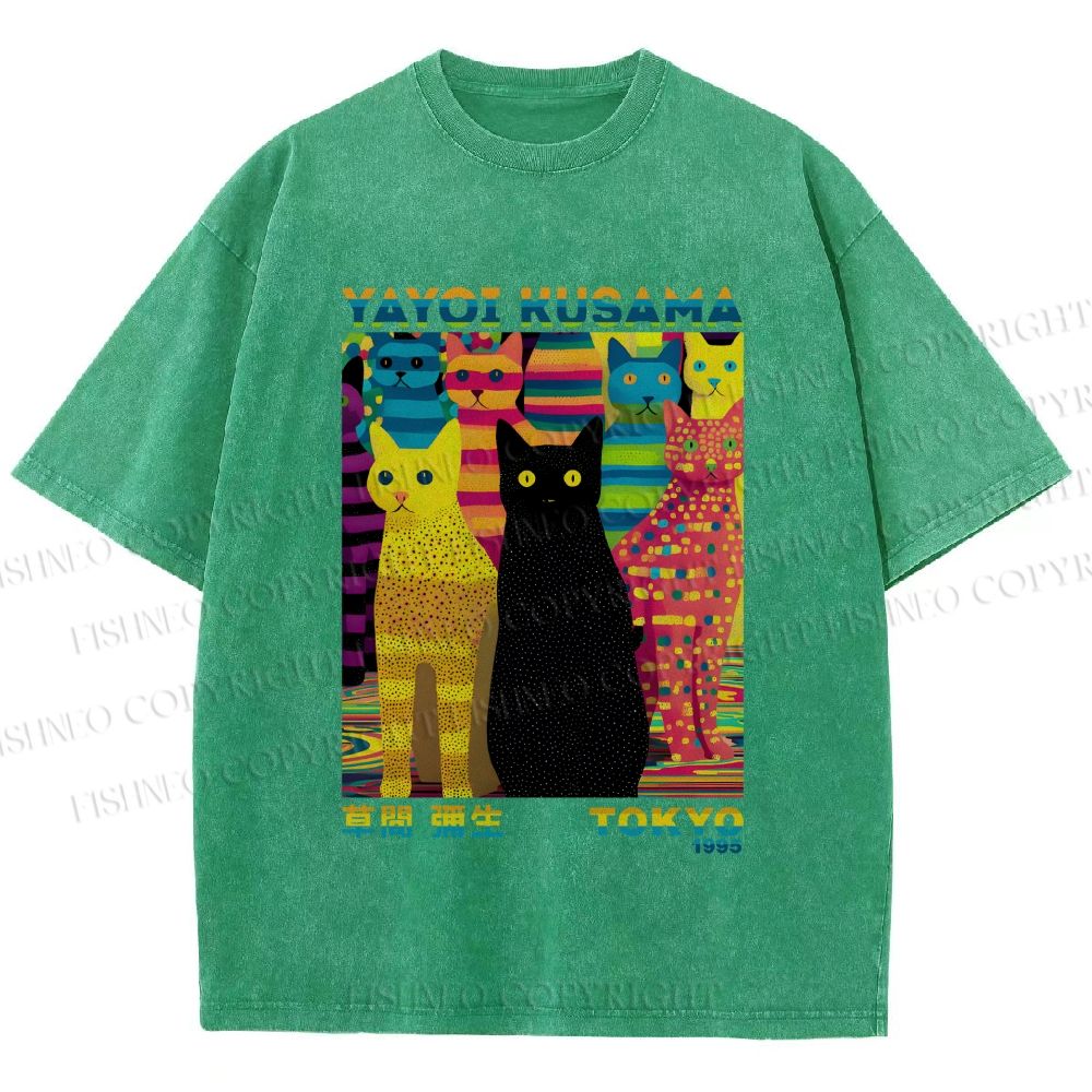 Unisex Yayoi Kusama Multicolor Cats Printed Washed Tee