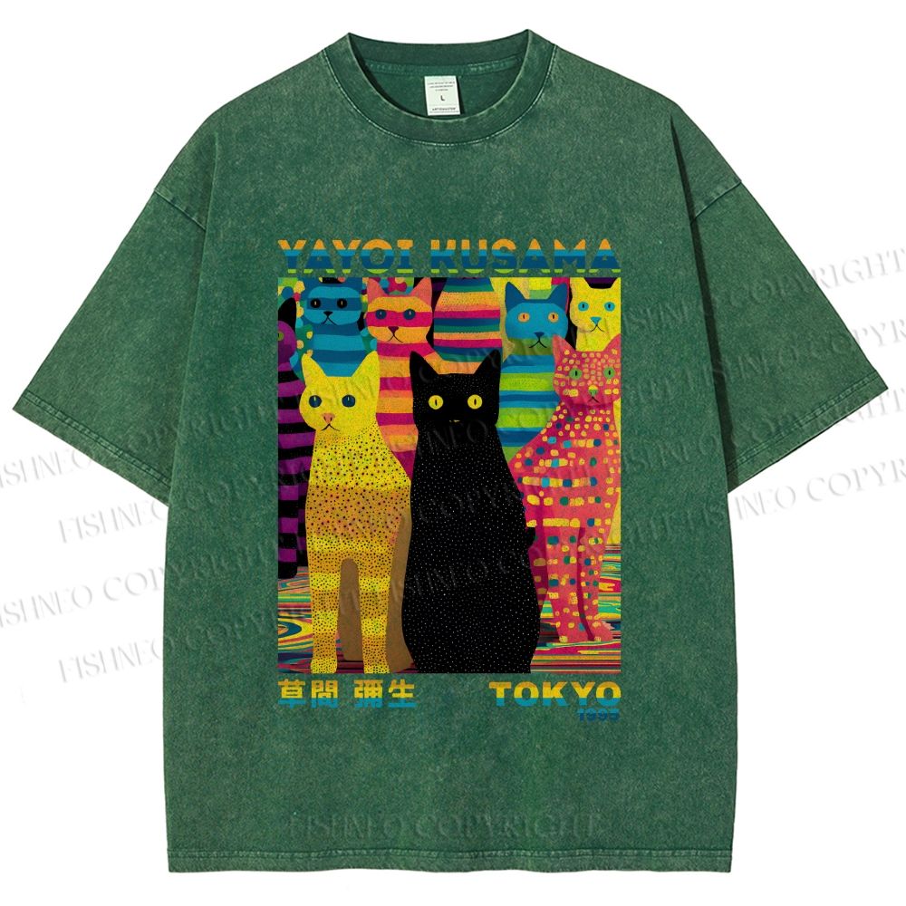 Unisex Yayoi Kusama Multicolor Cats Printed Washed Tee