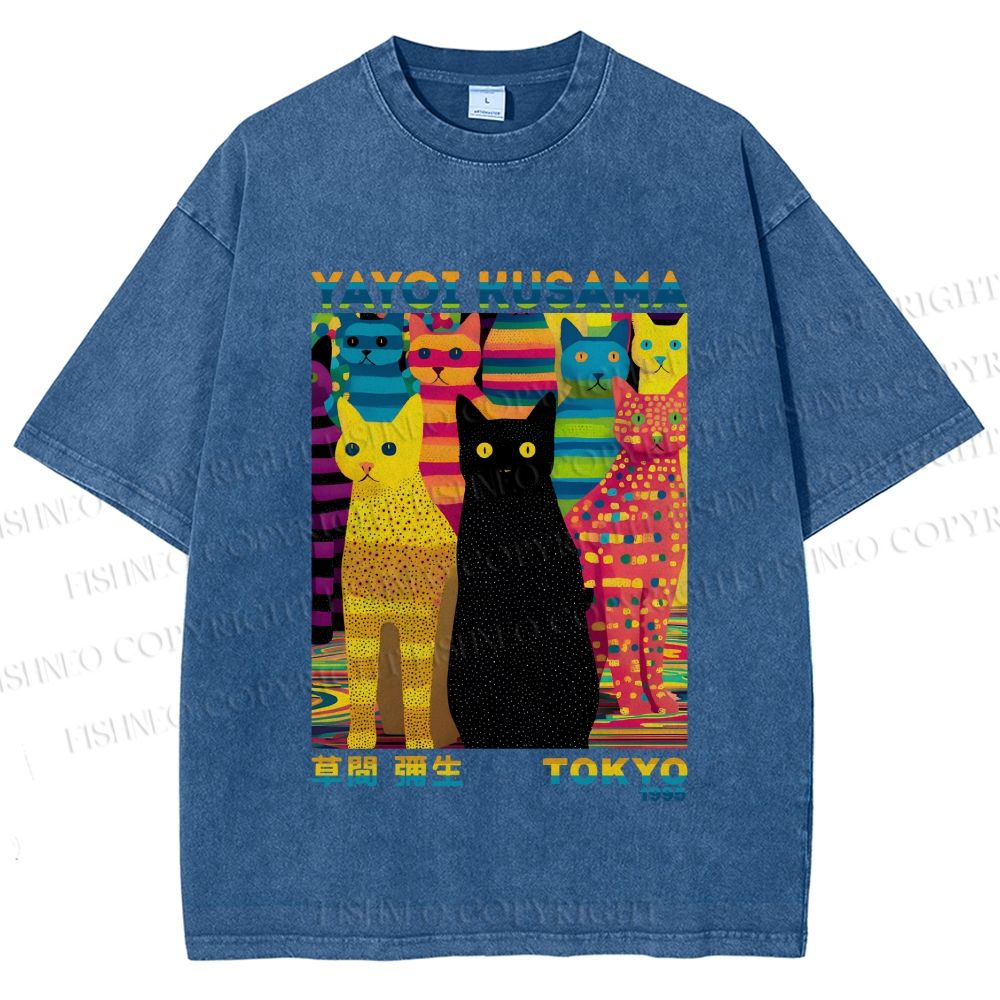 Unisex Yayoi Kusama Multicolor Cats Printed Washed Tee