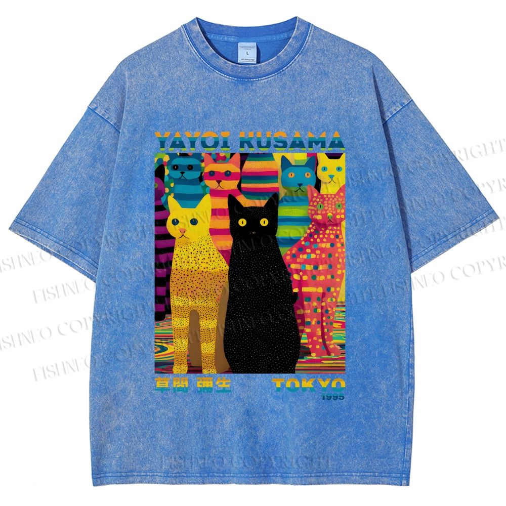 Unisex Yayoi Kusama Multicolor Cats Printed Washed Tee