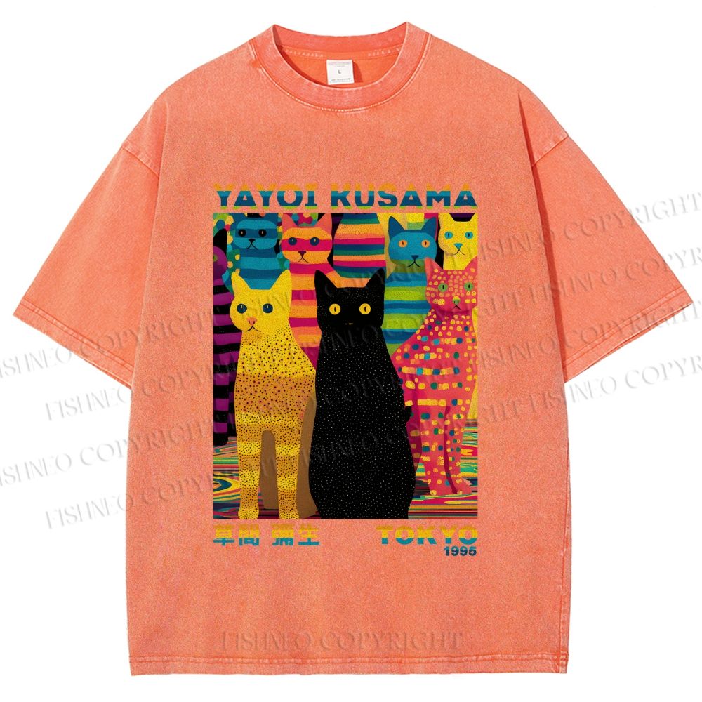 Unisex Yayoi Kusama Multicolor Cats Printed Washed Tee