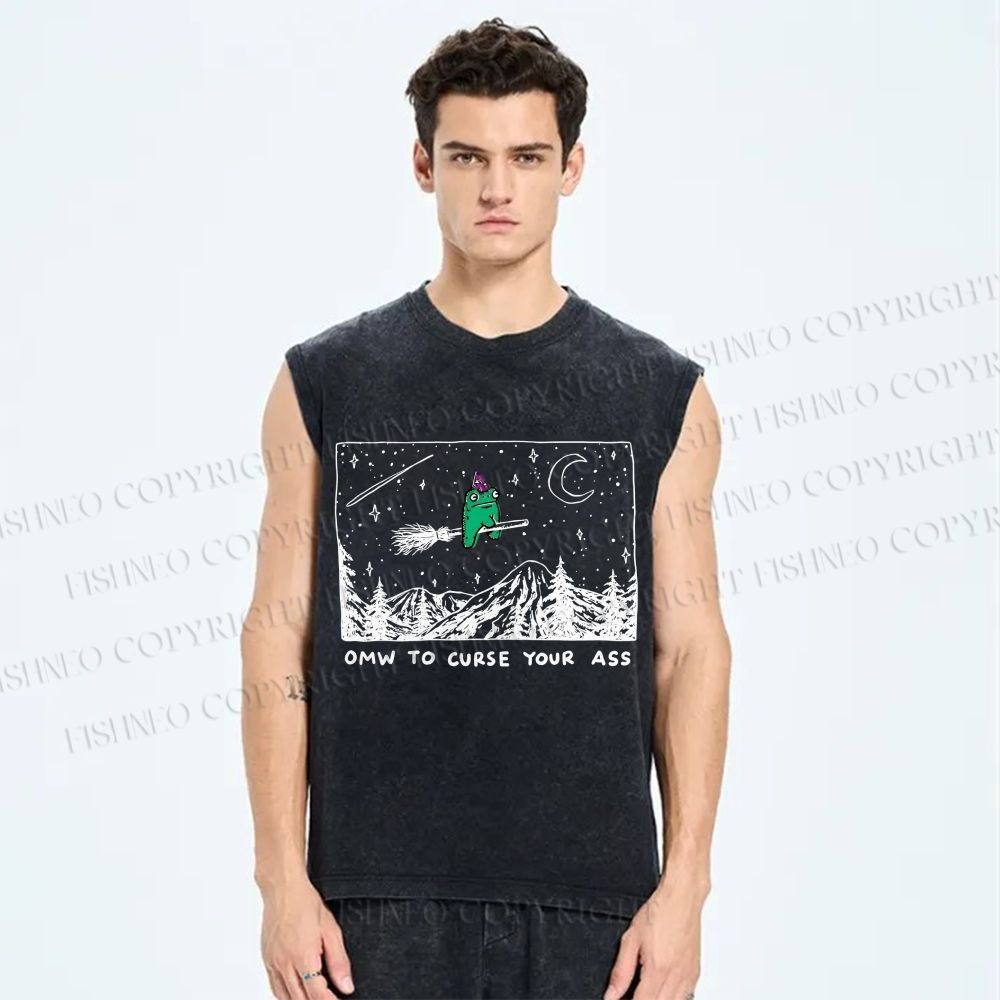 Unisex OMW To Curse Your Ass Witch Frog Printed Washed Tank Top