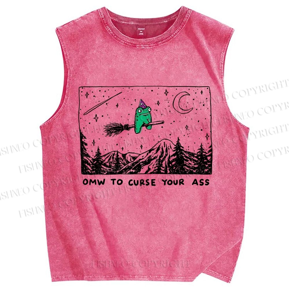 Unisex OMW To Curse Your Ass Witch Frog Printed Washed Tank Top