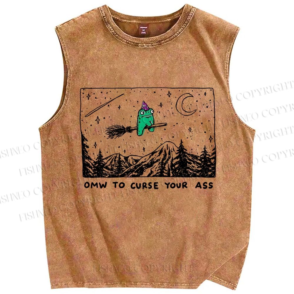 Unisex OMW To Curse Your Ass Witch Frog Printed Washed Tank Top
