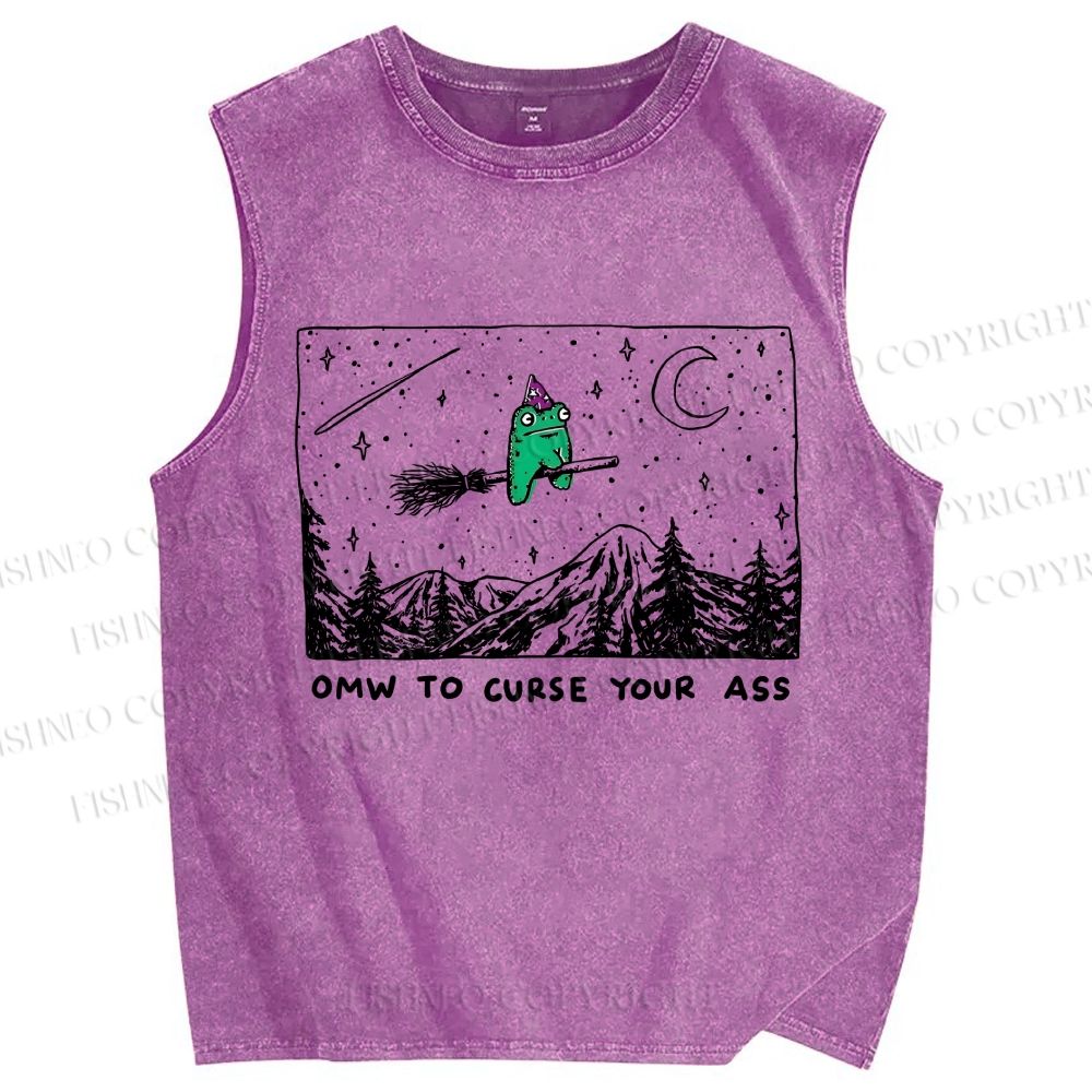 Unisex OMW To Curse Your Ass Witch Frog Printed Washed Tank Top