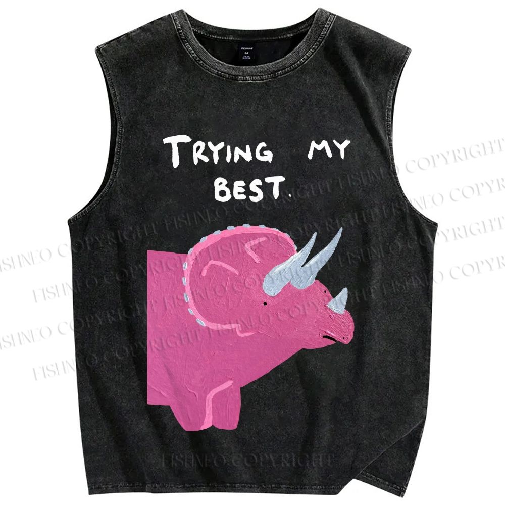 Unisex Trying My Best Triceratops Printed Washed Tank Top