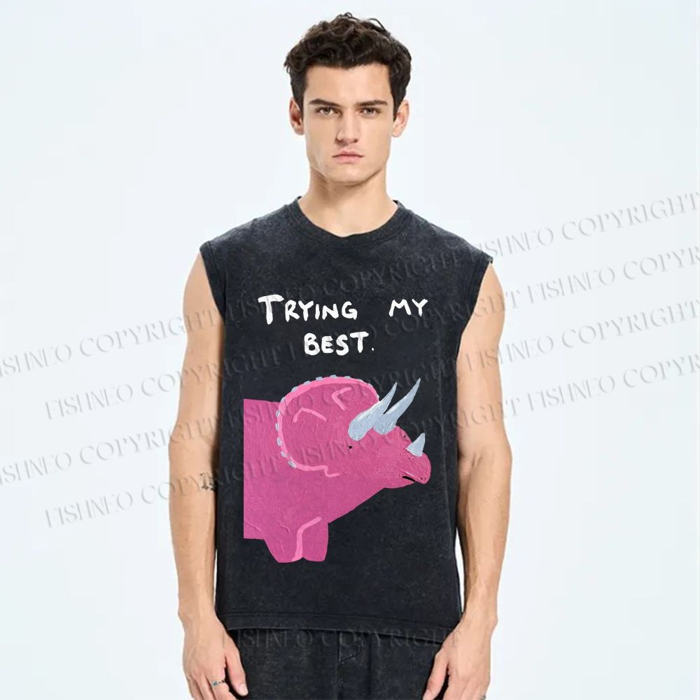 Unisex Trying My Best Triceratops Printed Washed Tank Top