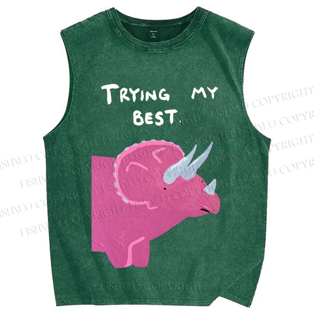 Unisex Trying My Best Triceratops Printed Washed Tank Top