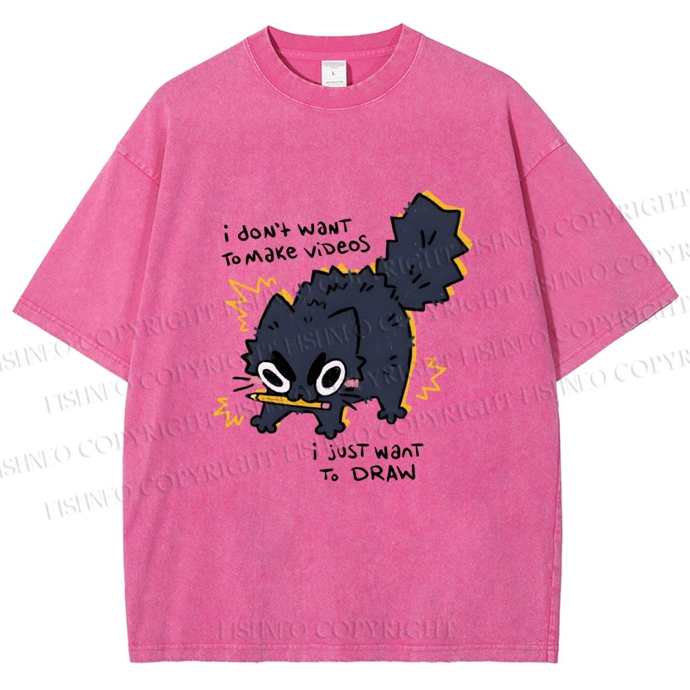 Unisex Angry Cat Dont Want to Make Videos Printed Washed Tee