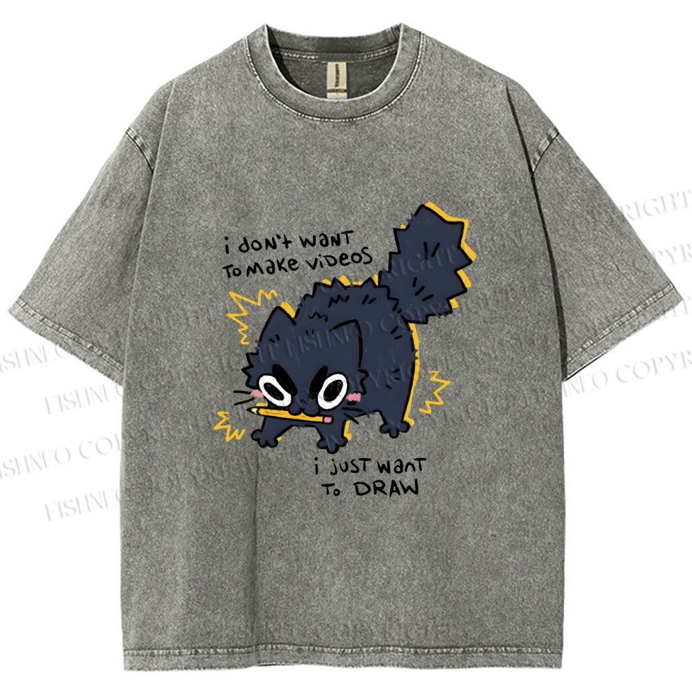 Unisex Angry Cat Dont Want to Make Videos Printed Washed Tee
