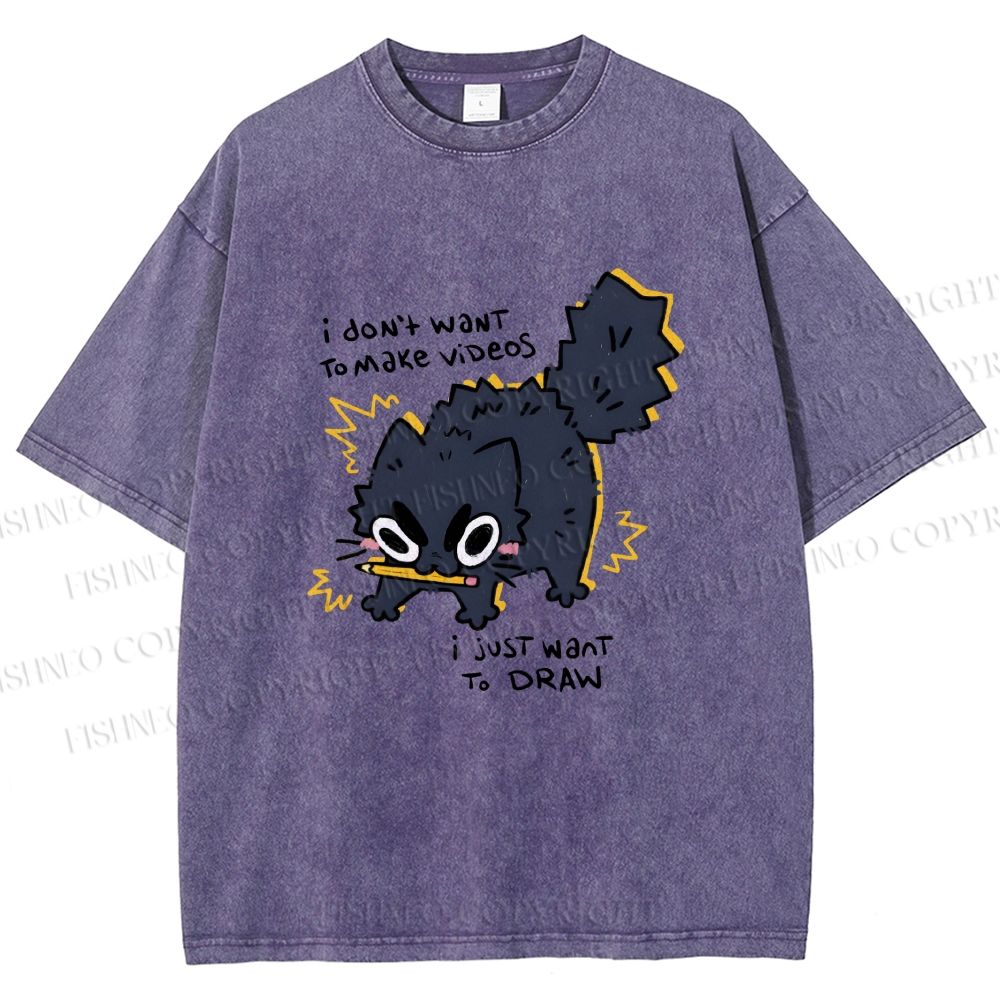 Unisex Angry Cat Dont Want to Make Videos Printed Washed Tee