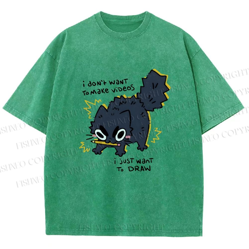 Unisex Angry Cat Dont Want to Make Videos Printed Washed Tee