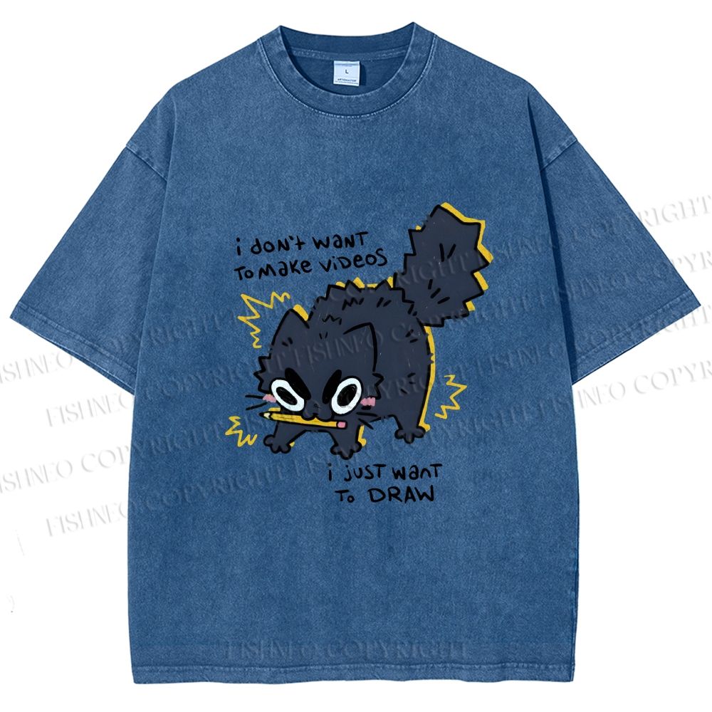 Unisex Angry Cat Dont Want to Make Videos Printed Washed Tee