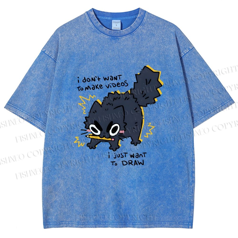 Unisex Angry Cat Dont Want to Make Videos Printed Washed Tee