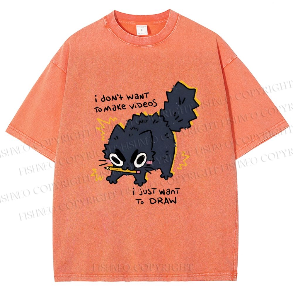 Unisex Angry Cat Dont Want to Make Videos Printed Washed Tee