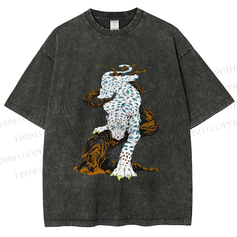 Unisex Panther With Blue Eyes Printed Washed Tee