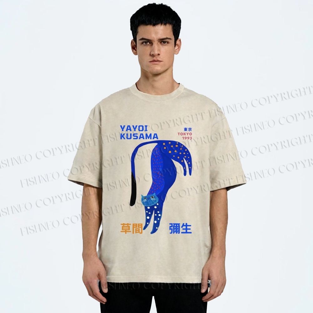 Unisex Yayoi Kusama Funny Blue Cat Printed Washed Tee