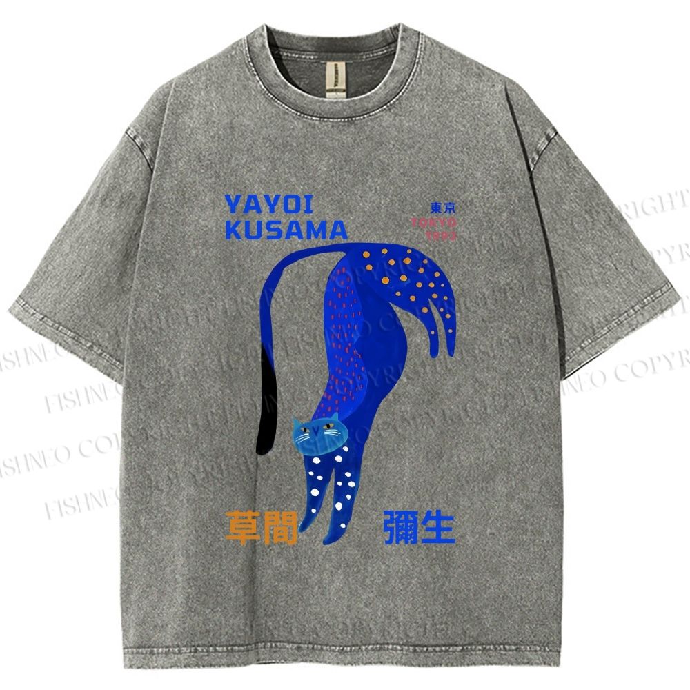 Unisex Yayoi Kusama Funny Blue Cat Printed Washed Tee