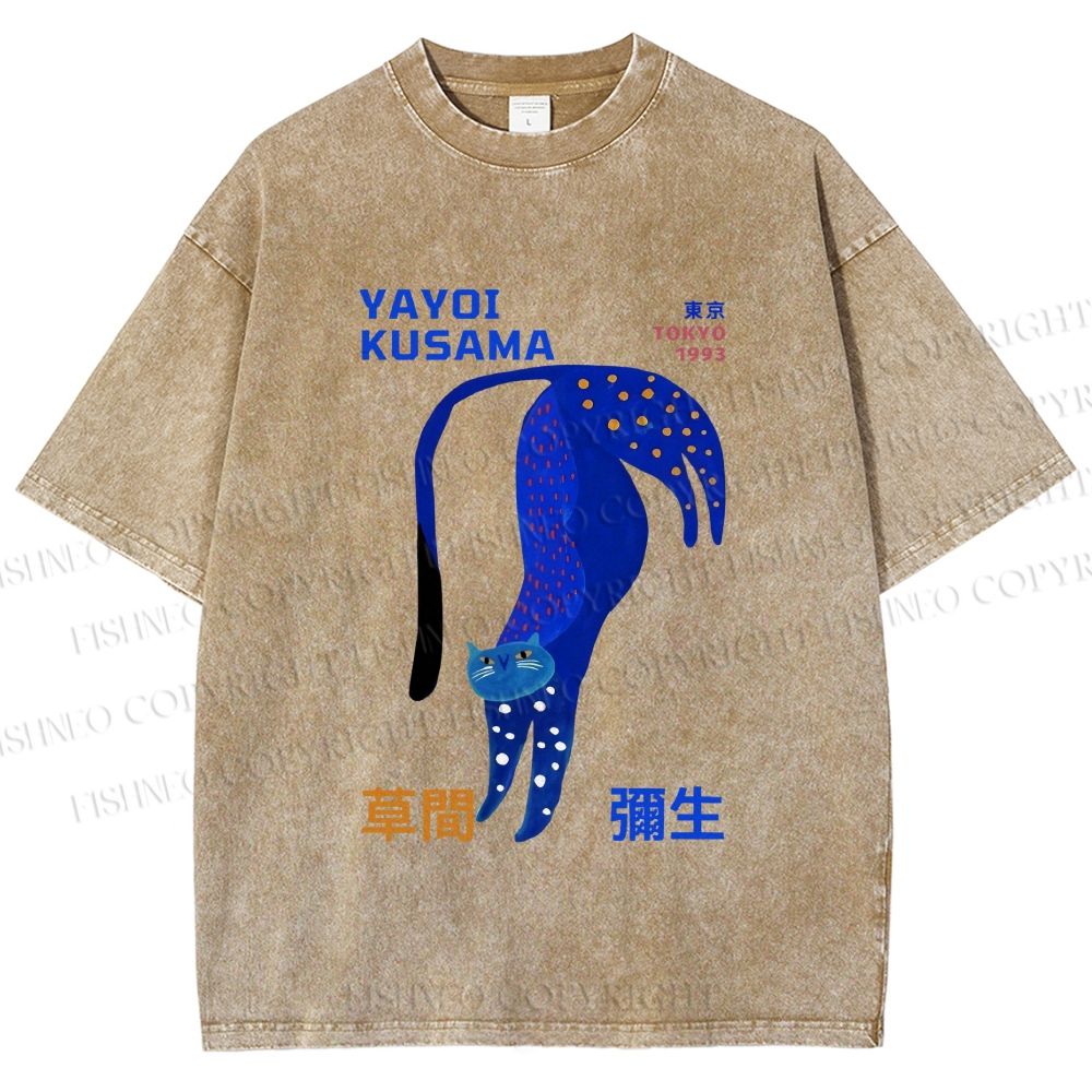 Unisex Yayoi Kusama Funny Blue Cat Printed Washed Tee