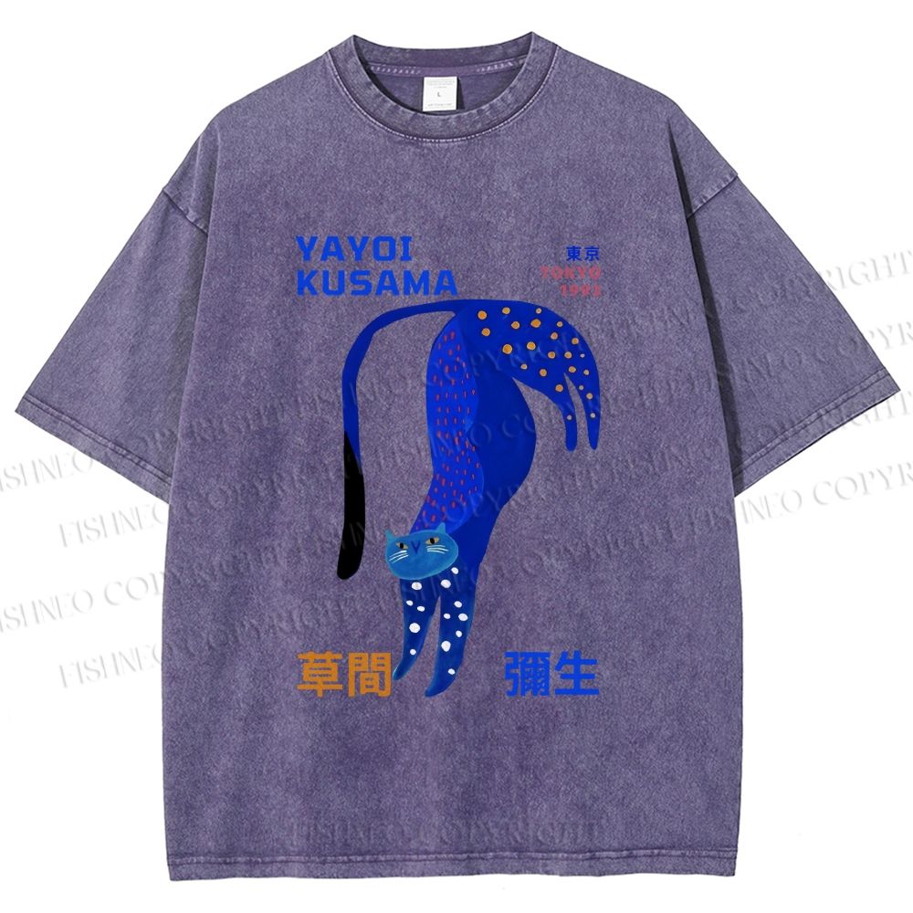 Unisex Yayoi Kusama Funny Blue Cat Printed Washed Tee