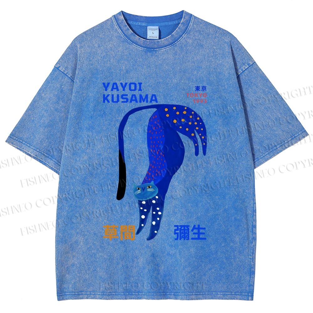 Unisex Yayoi Kusama Funny Blue Cat Printed Washed Tee