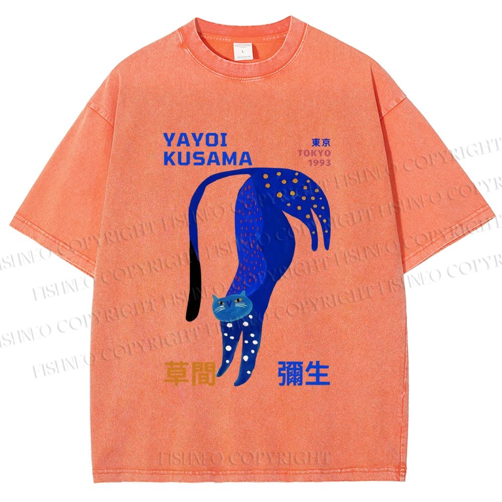 Unisex Yayoi Kusama Funny Blue Cat Printed Washed Tee