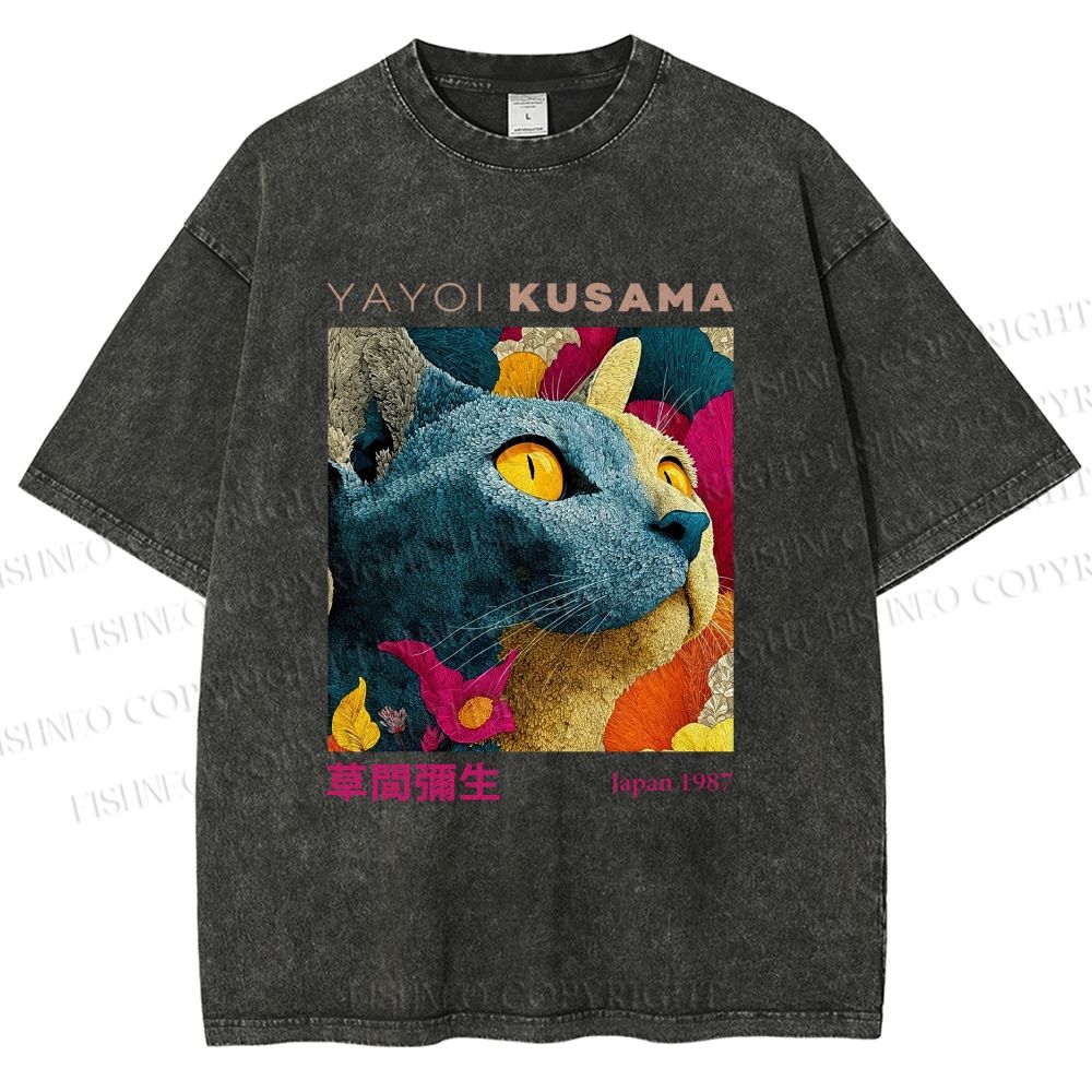 Unisex Yayoi Kusama Cat Printed Washed Tee