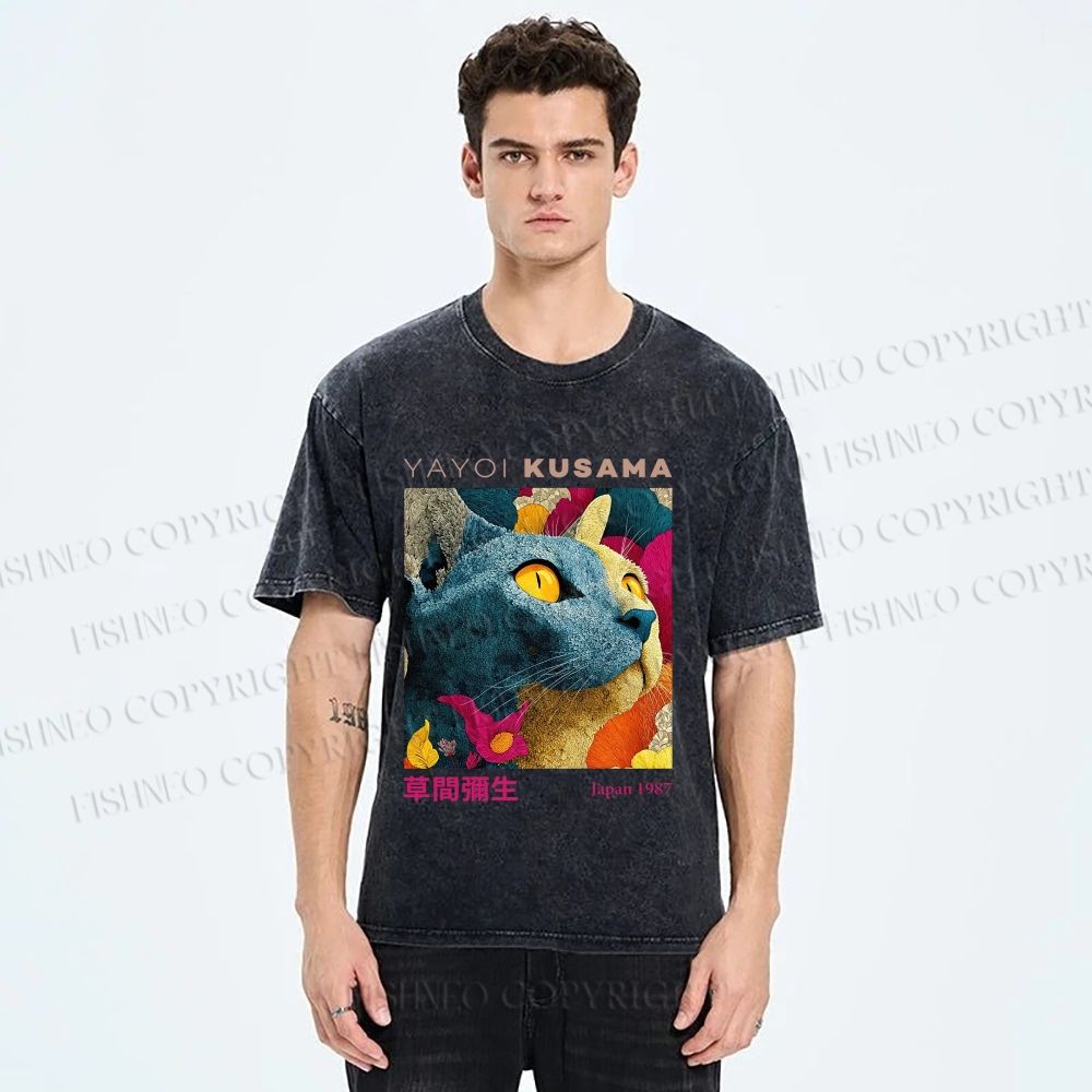 Unisex Yayoi Kusama Cat Printed Washed Tee