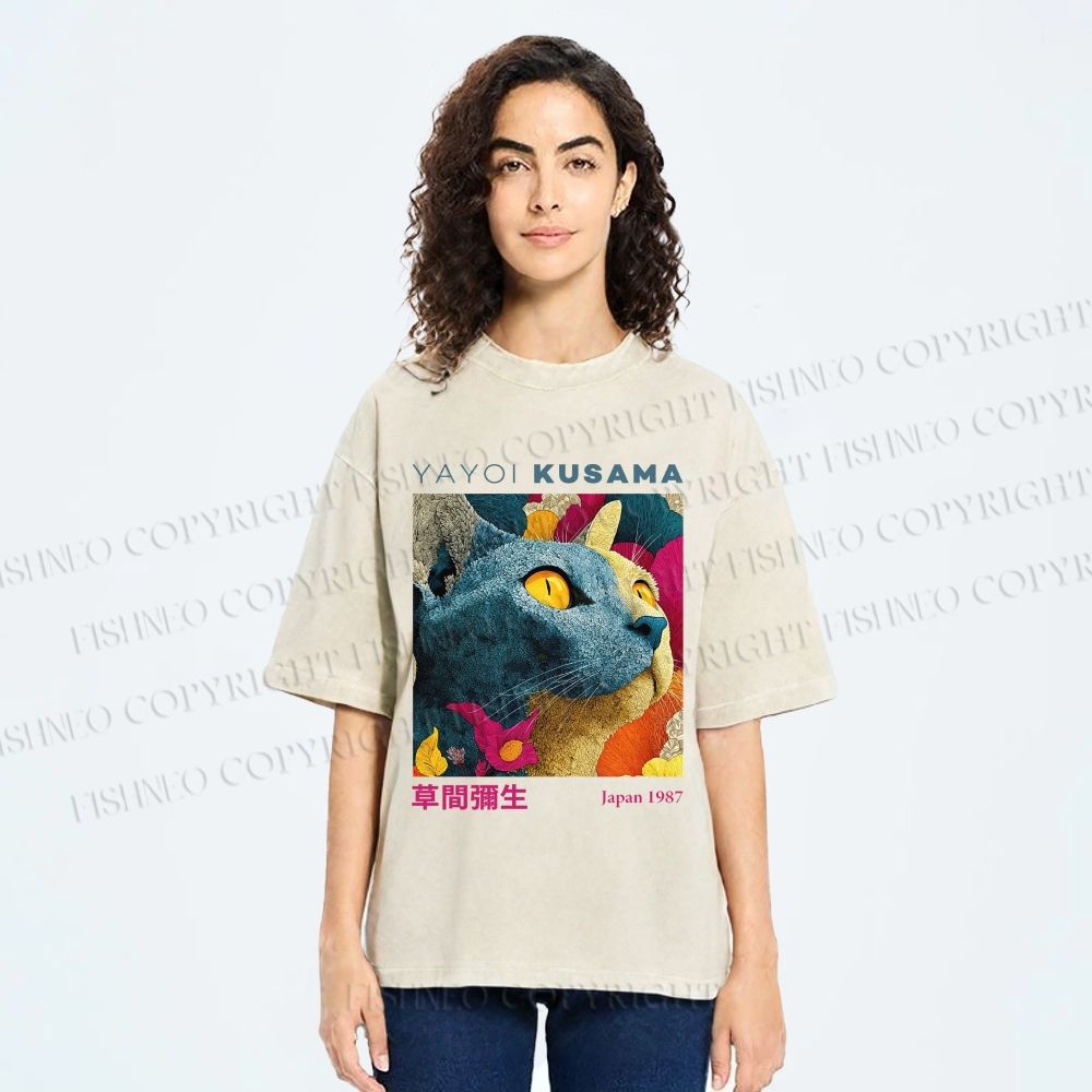 Unisex Yayoi Kusama Cat Printed Washed Tee