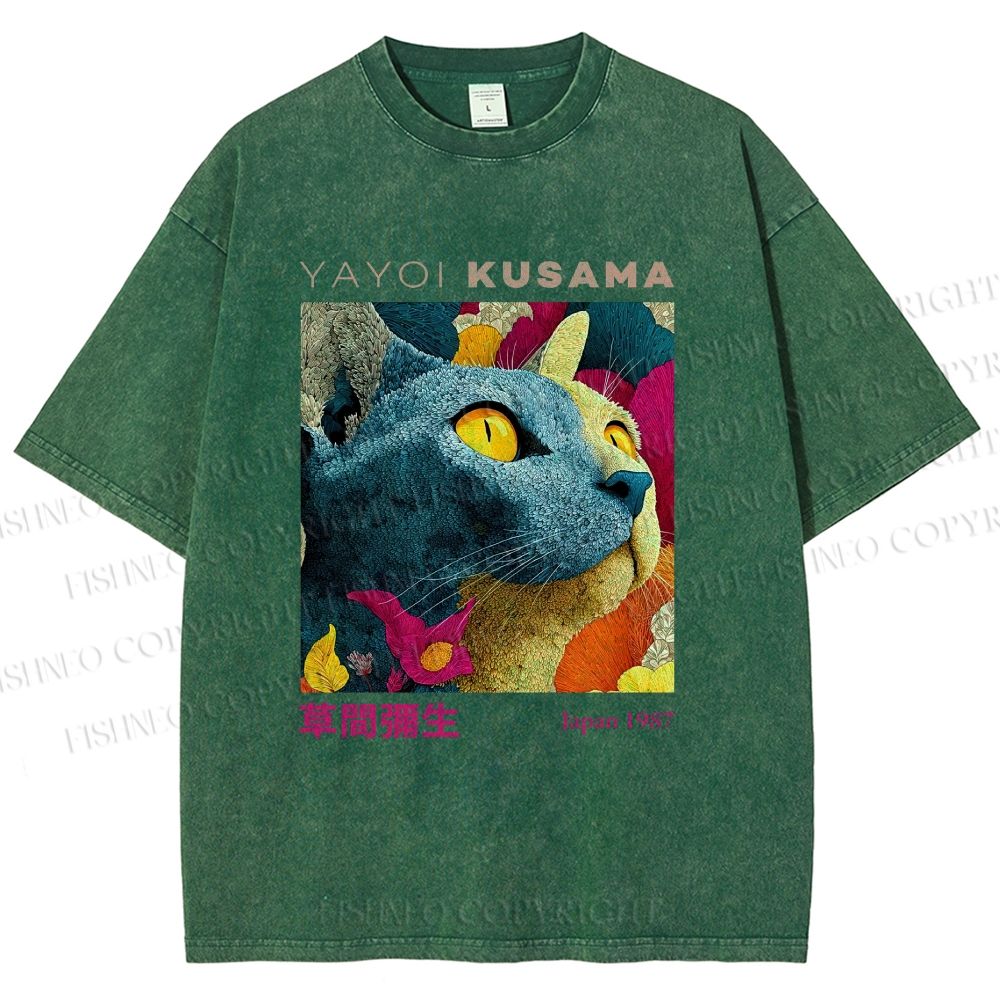 Unisex Yayoi Kusama Cat Printed Washed Tee