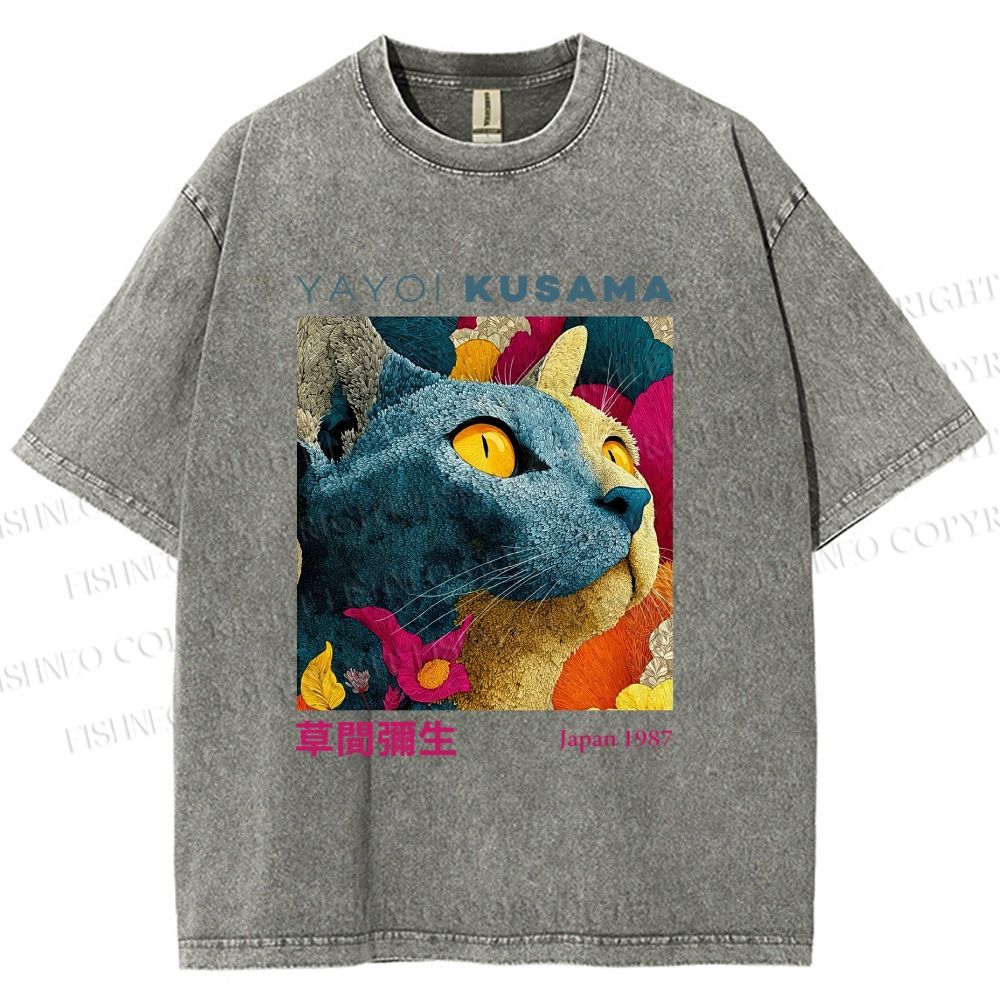 Unisex Yayoi Kusama Cat Printed Washed Tee
