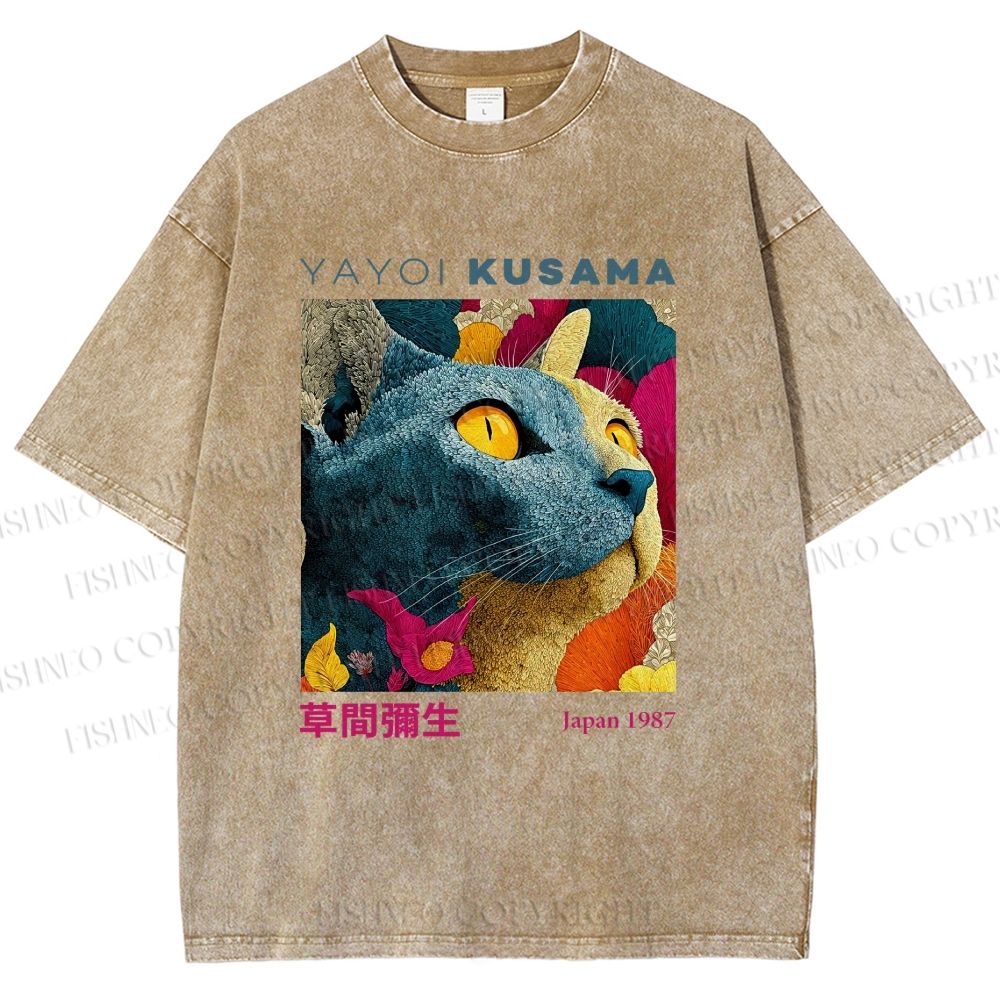 Unisex Yayoi Kusama Cat Printed Washed Tee