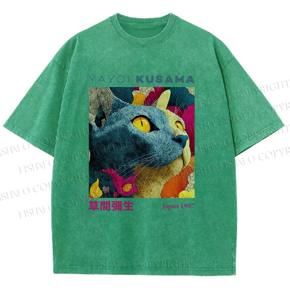 Unisex Yayoi Kusama Cat Printed Washed Tee