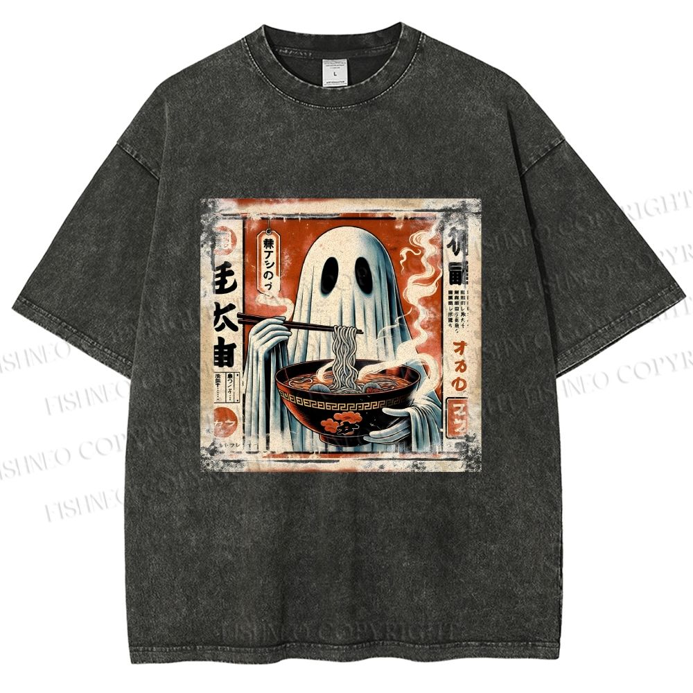 Unisex Ghost Ramen Noodles Printed Washed Tee
