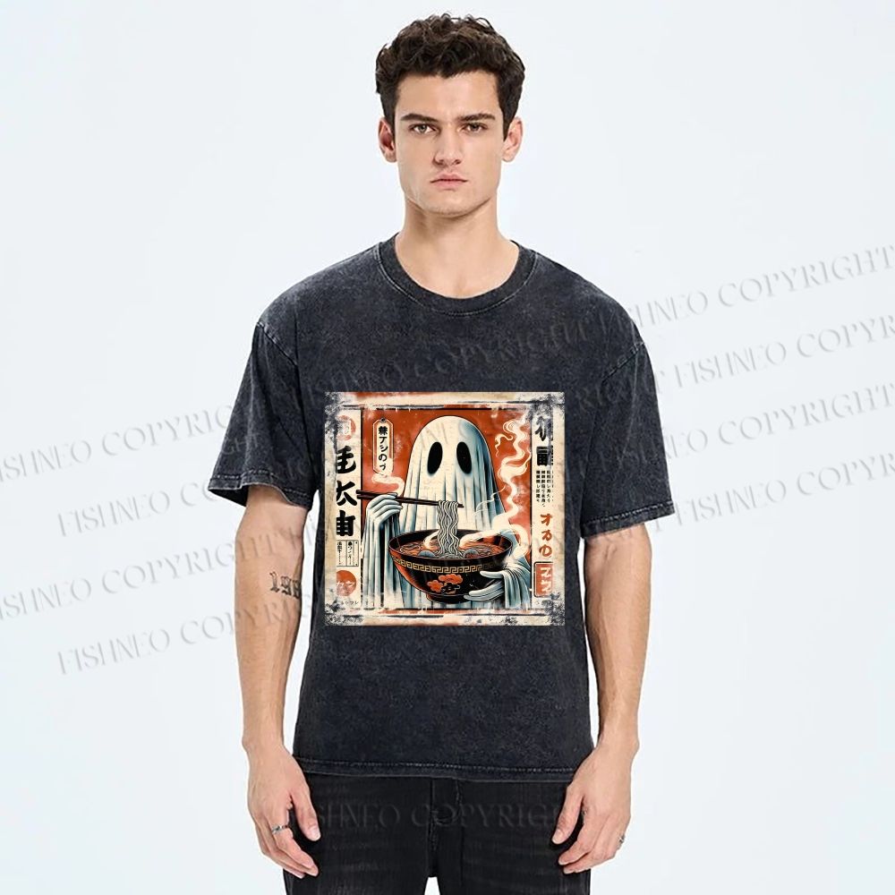 Unisex Ghost Ramen Noodles Printed Washed Tee