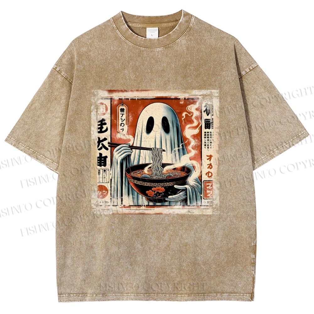 Unisex Ghost Ramen Noodles Printed Washed Tee