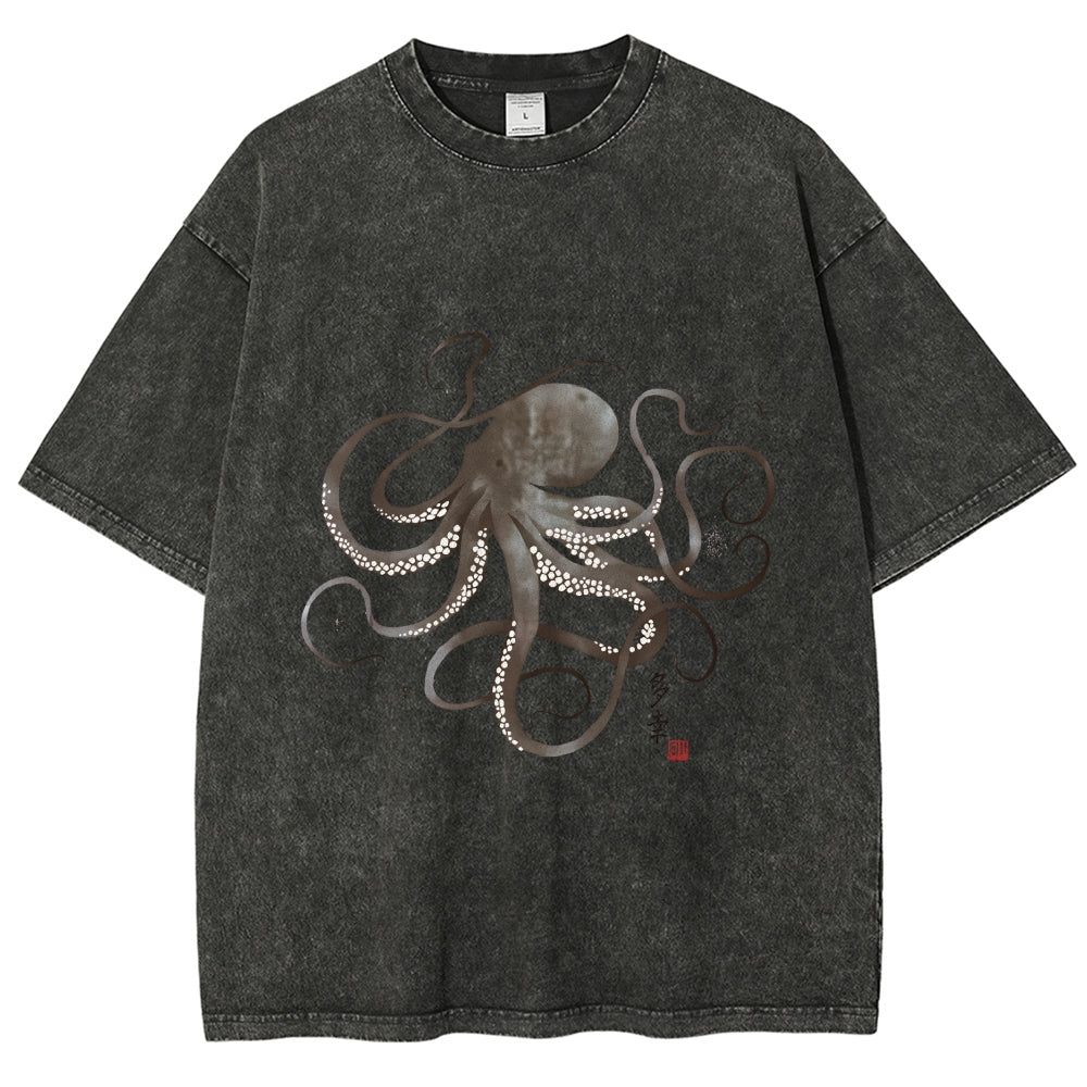 Octopus Japanese Calligraphy Washed T-Shirt