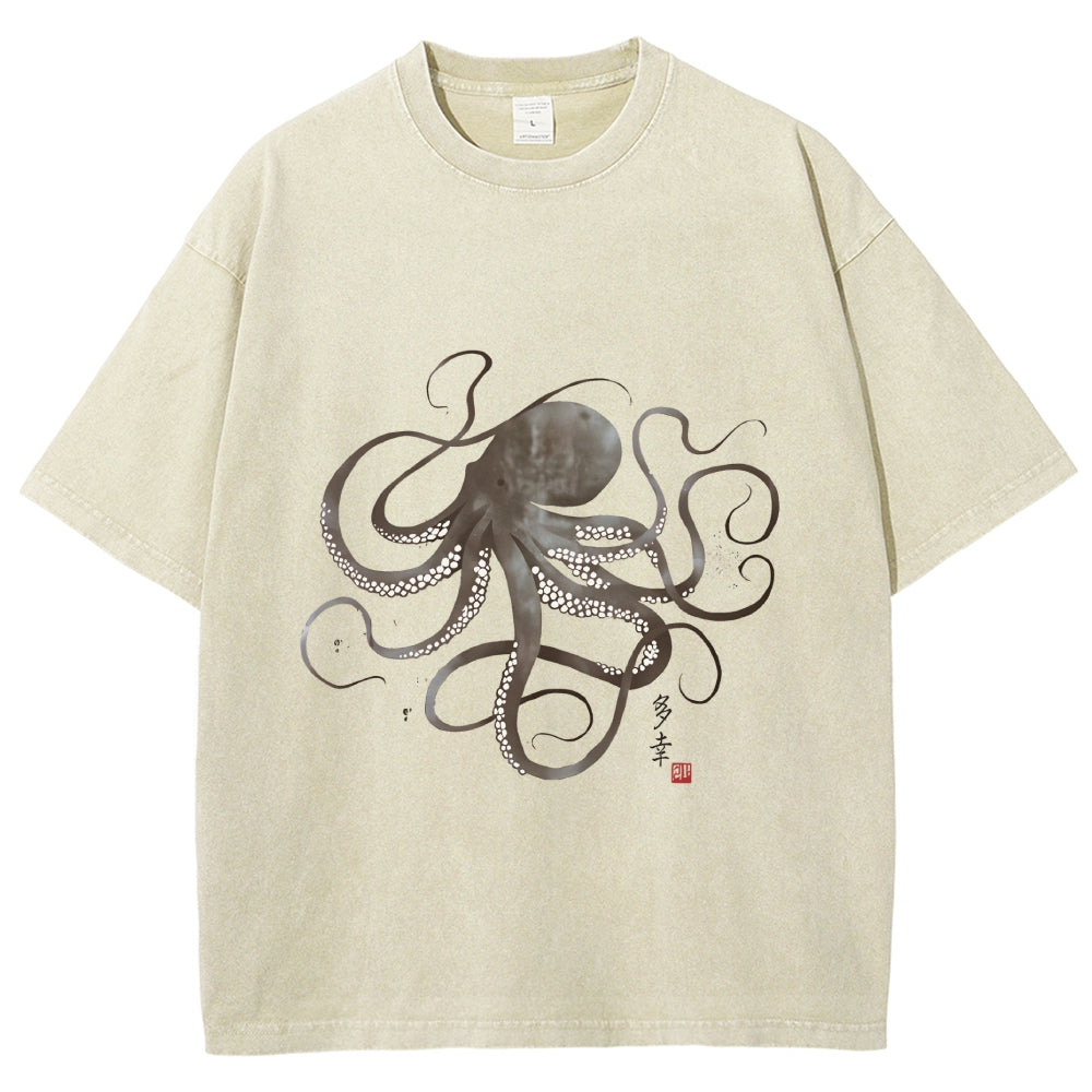 Octopus Japanese Calligraphy Washed T-Shirt