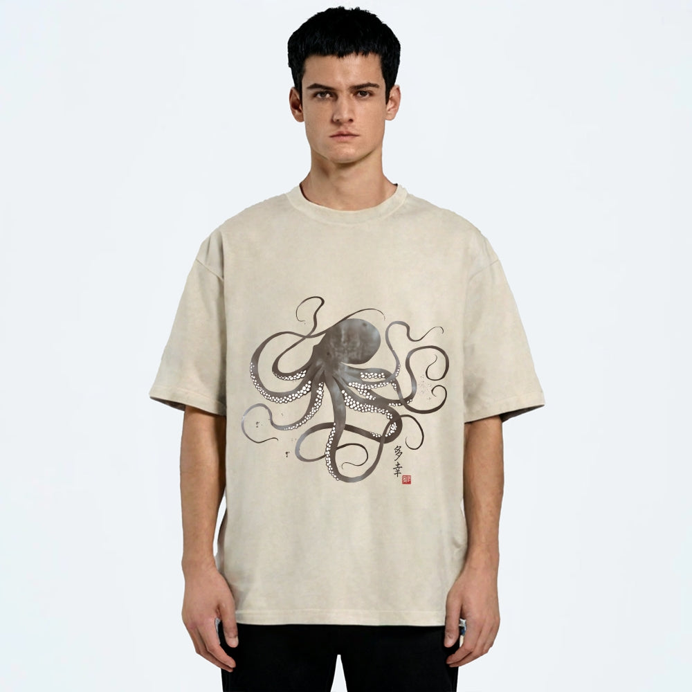 Octopus Japanese Calligraphy Washed T-Shirt