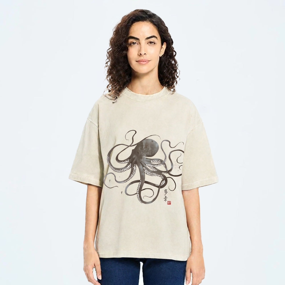 Octopus Japanese Calligraphy Washed T-Shirt